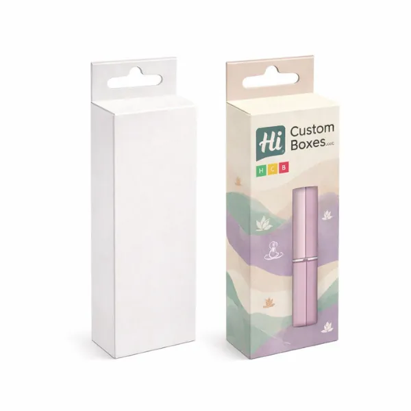 Two tall rectangular hanging boxes- one plain white and one with purple yoga-themed illustrations- class=